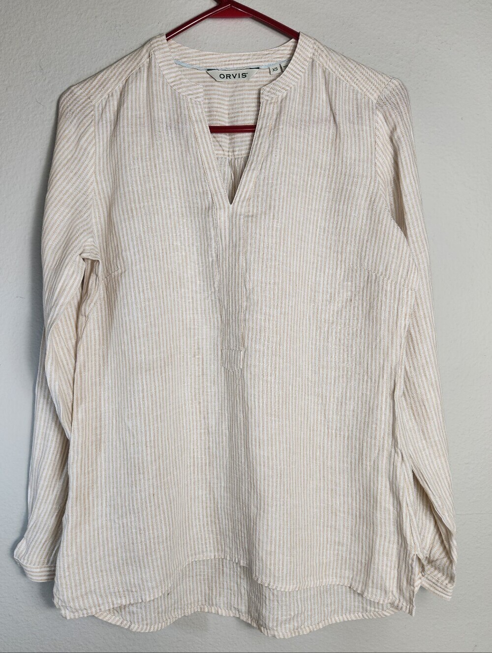 Orvis Womens 100% Linen Tan/White Stripe Long Sleeve Split-Neck Tunic Popover
